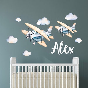 Personalized Plane Name Wall Decals for Kids Watercolor Airplanes With ...