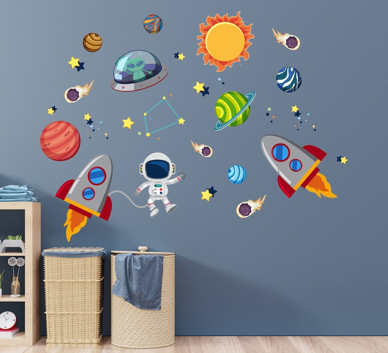 Outer Space Astronaut Wall Decal - Stars Planets Astronaut Rocket Ship ...