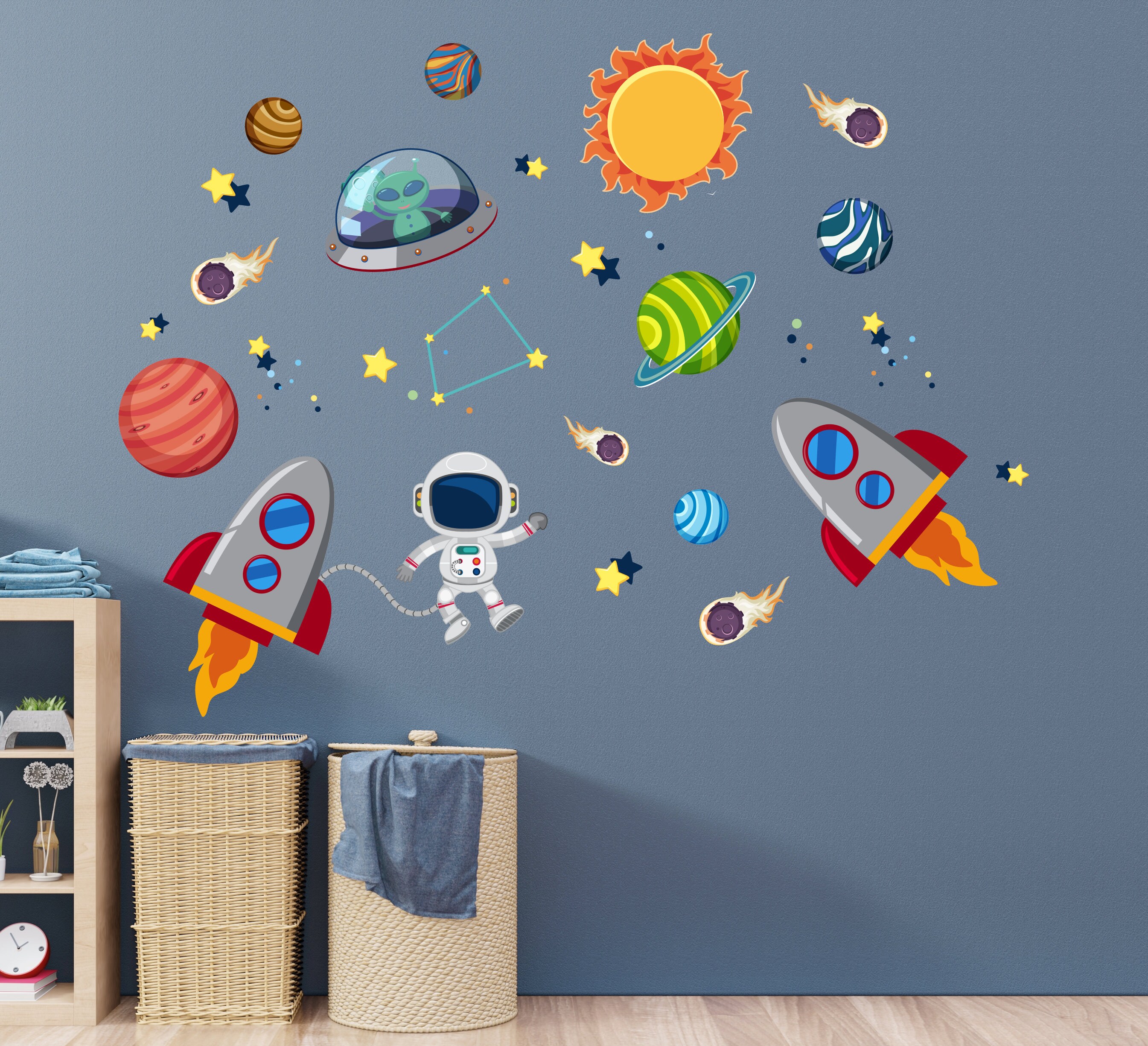 Outer Space Astronaut Wall Decal - Stars Planets Astronaut Rocket Ship ...