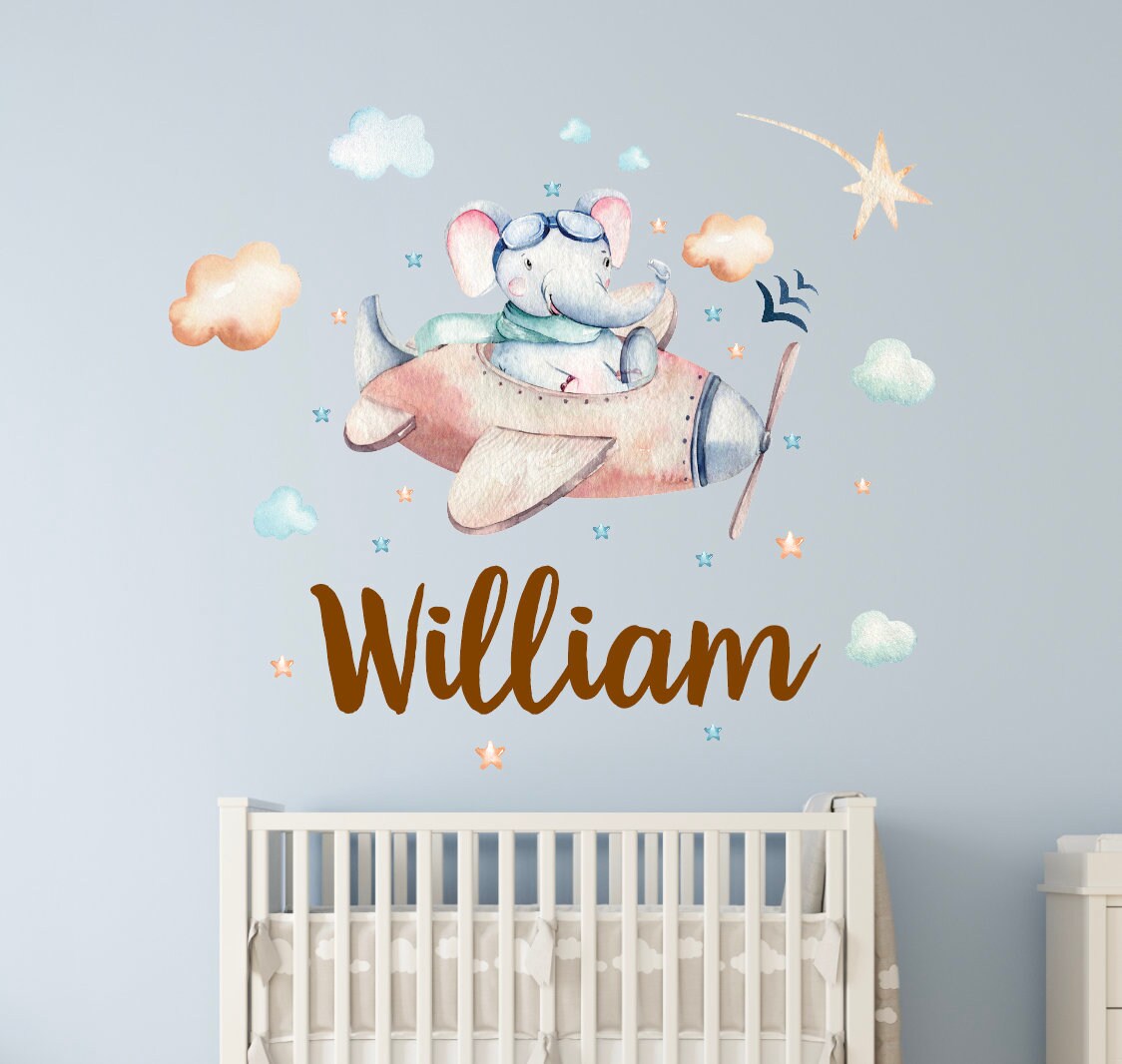 Personalized Elephant Airplane Name Wall Decals for Kids Bedroom ...