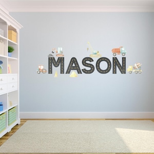 Personalized Construction Name Decal- Custom  Truck Wall Stickers for Kids Room-Dump Truck, Excavator, Cement Tractor Nursery Wall Art Decor