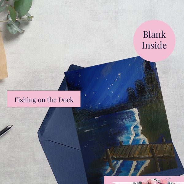 Fishing on the Dock - Greeting Card - Illuminating - Lake - Blank Card - Collage Wall Print - Functional Artwork