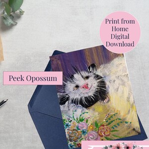 Peek Opossum - Tarjeta de felicitación digital - Impresión desde casa - Animal del bosque - Flores - Púrpura - Pared de collage - Obra de arte funcional