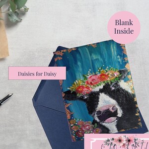 Mucca in bianco e nero - Biglietto d'auguri - Corona floreale - Biglietto vuoto - Stampa murale collage - Opera d'arte funzionale - Margherite per Margherita