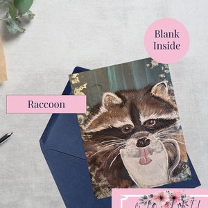 Raton laveur buvant du lait dans une tasse - carte de voeux - forêt - carte vierge - impression murale collage - oeuvre d'art fonctionnelle