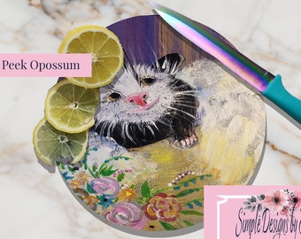 Peek Opossum - Glass Cutting Board - Woodland Animal - Flowers - Purple - Functional Artwork for Your Kitchen - Personalization