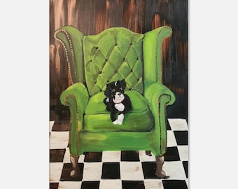 Quadro su tela con cane lunatico, cane in bianco e nero su una sedia imbottita verde, arredamento dark academia, ritratto di animale stravagante, regalo per gli amanti dei cani