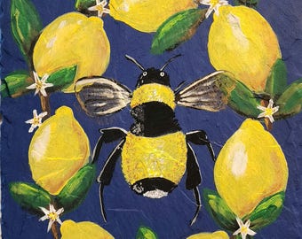 Bee and Lemon Acrylic Painting Reproductions | Art Print | Art Kit | Bookmark | Greeting Card | Magnet | Phone Grip | Tote | Sticker