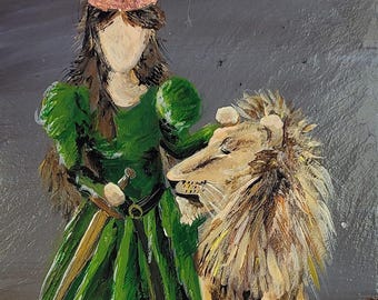 People Queen Lion Fantasy Acrylic Painting Reproductions | Art Print |  Bookmark | Greeting Card | Magnet | Phone Grip | Tote | Sticker