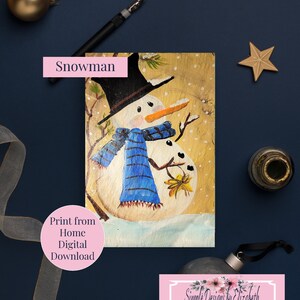 Pupazzo di neve - Biglietto d'auguri digitale stampabile con un pupazzo di neve che porta un ornamento a stella - Cappello a cilindro e sciarpa blu - Arte originale - Parete collage