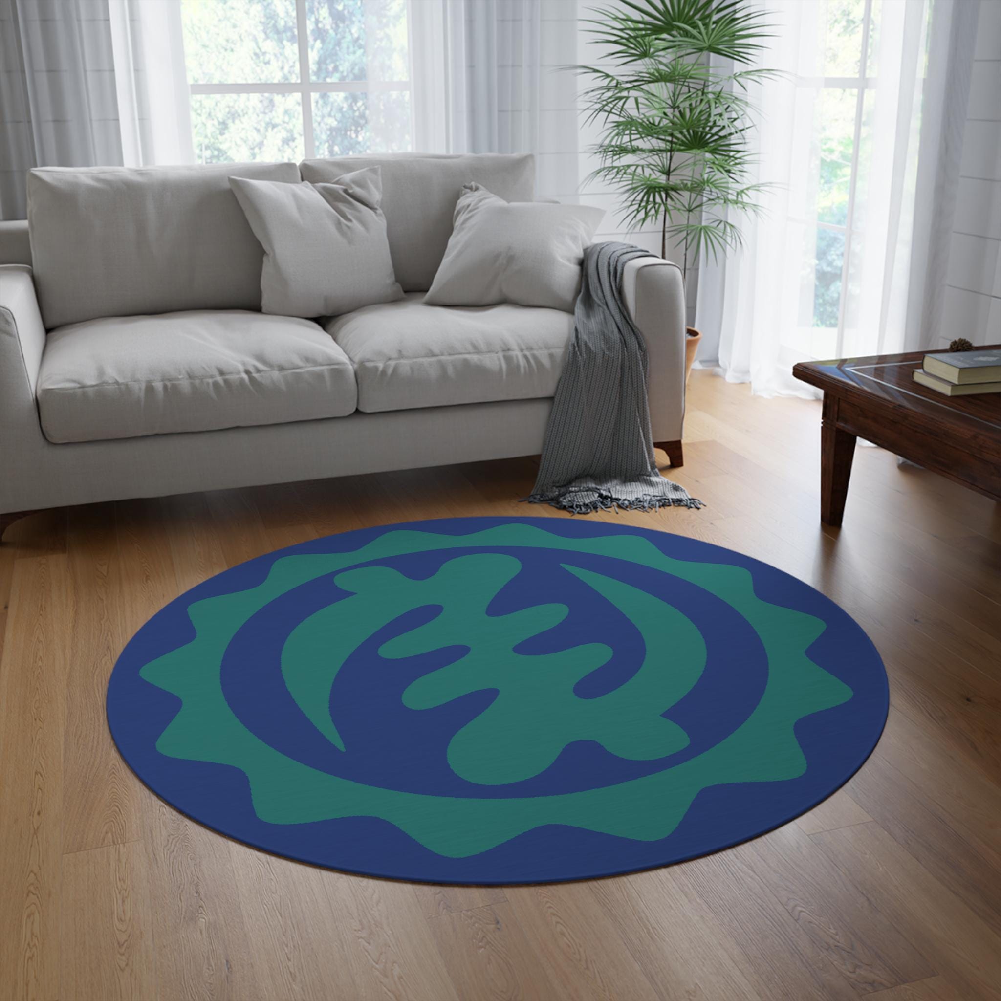 African Round Rug Teal on Blue Adinkra Rug Nyame Ye Ohene African