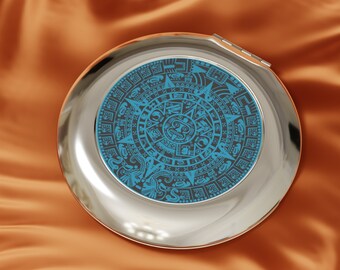 Aztekischer Kompakt-Reisespiegel, Azteken-Kalender-Schminkspiegel, Olmekischer Azteken-Sonnengott-Stein, Chicana-Reisegeschenk, mexikanische Kosmetik, Mexiko