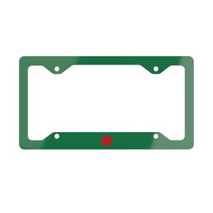 May include: Green license plate frame with a red dot in the center.
