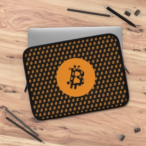 Black Bitcoin Laptop Sleeve, BTC Monogram | Bitcoin Crypto Decor, Laptop Computer, Crypto Accessories | Global Blockchain