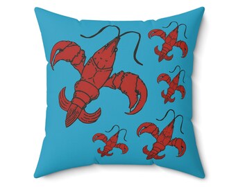 Almohada de cangrejo de río Aqua Almohada de cangrejo de río de Luisiana, cangrejo de río Fleur de Lis, decoración de cangrejo de río hervido Decoración criolla cajún para el jardín del hogar Cocina de Luisiana