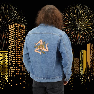 Sicily Mens Denim Jacket, Sicily Mens Relaxed Fit Denim Jacket, Sicily Trinacria Triquetra, Mens Sicily Clothing, Sicily