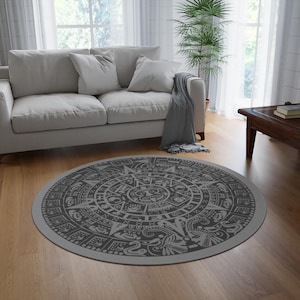 Aztec Sun Stone Rug Grey Aztec Calendar Round Rug Olmec Mesoamerican Art Mexican Home and Office Decor