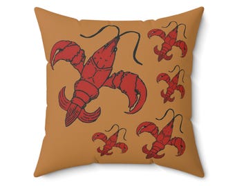 Almohada de cangrejo de río marrón Almohada de cangrejo de río de Luisiana, cangrejo de río con flor de lis, decoración de cangrejo de río hervido Decoración criolla cajún para el hogar Decoración de jardín Cocina de Luisiana
