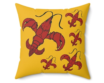 Almohada de cangrejo de río amarilla Almohada de cangrejo de río de Luisiana Cangrejo de río Fleur de Lis, Decoración de cangrejo de río hervido Decoración criolla cajún para el hogar Decoración del jardín Cocina de Luisiana