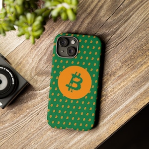 May include: A green phone case with a repeating pattern of orange Bitcoin symbols. The case has a large orange Bitcoin symbol in the center.
