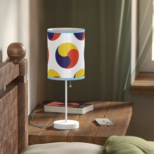 Korea Table Lamp Stand White, Korea Lamp Shade and Steel Stand, Traditional Taegeuk Symbol, Korean Table Lamp for USA and Canada Plug, Korea