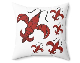 Almohada de cangrejo de río blanca Almohada de cangrejo de río de Luisiana, cangrejo de río con flor de lis, decoración de cangrejo de río hervido Decoración criolla cajún para el hogar Decoración de jardín Cocina de Luisiana