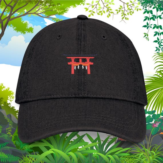 日本製刺繍デニムキャップ 鳥居刺繍帽子 神道風カスタムボールキャップ