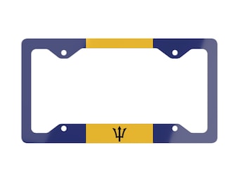 May include: A license plate frame featuring the flag of Barbados. The frame is primarily dark blue with yellow stripes at the top and bottom. The center yellow stripe displays a black trident symbol.