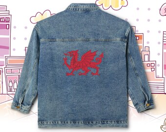 Wales-Jeansjacke für Damen, Wales-Jeansjacke mit übergroßer Passform für Damen, Welsh Red Dragon, Welsh-Kleidung für Damen, Wales UK