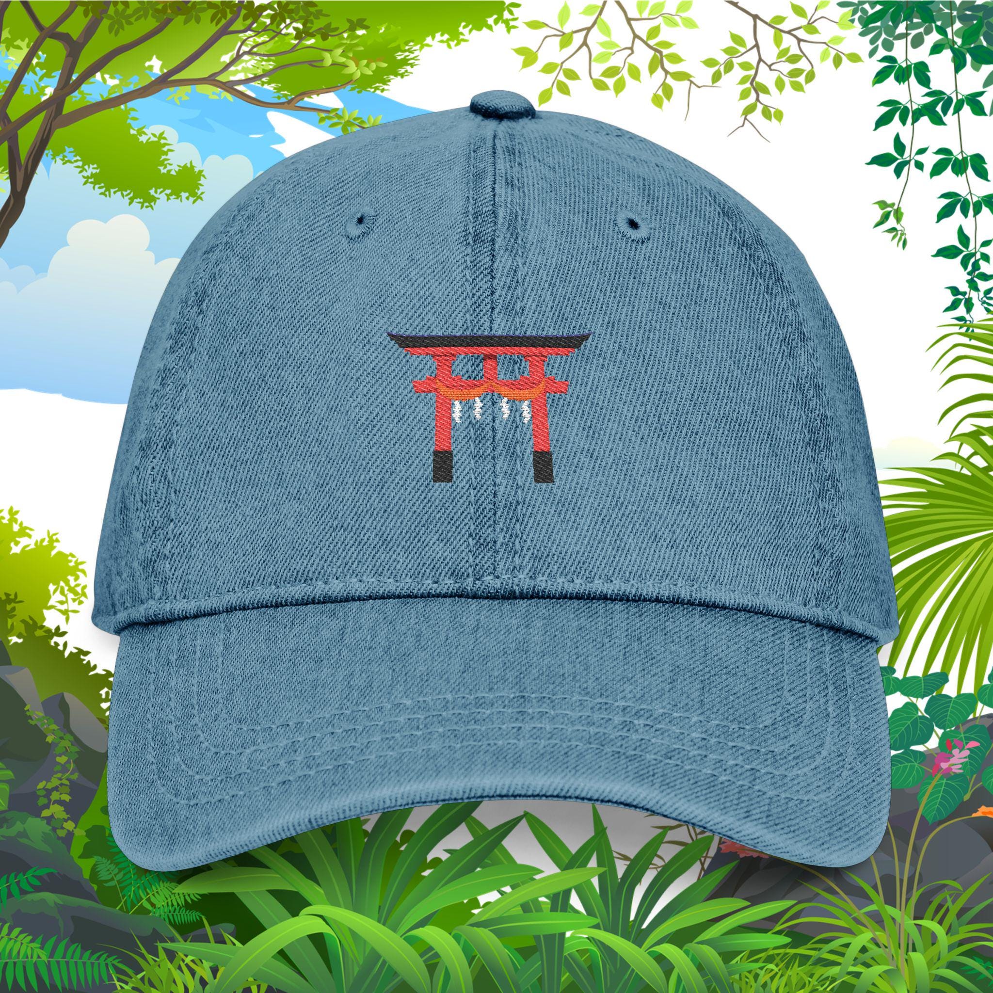 日本製刺繍デニムキャップ 鳥居刺繍帽子 神道風カスタムボールキャップ