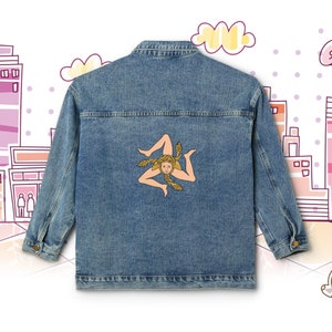 Sicily Denim Jacket Women, Sicily Oversized Fit Denim Jacket Women, Sicilian Trinacria Triquetra, Sicily Clothing Women, Sicily