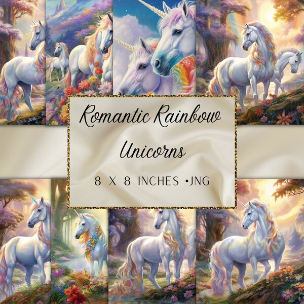 Junk Journal Paper | Porch Prints | Rainbow Unicorns | Enchanted Forest Art | Romantic Painting | Fantasy Theme | Nature-Inspired Art Print