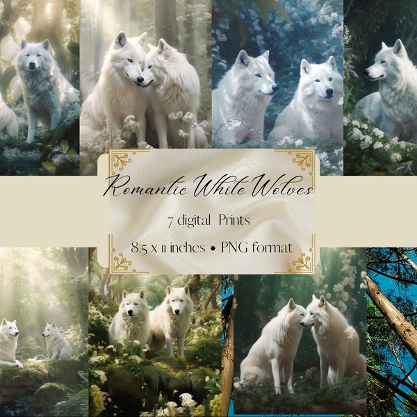 Enchanted Forest Junk Journal Paper | White Wolves | Nature-Inspired Art Print