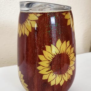 Beautiful Wine Glass Tumbler || Peekaboo Woodgrain || Shimmery Sunflowers