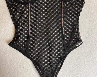 Black Fishnet With Rhinestones Bodysuit