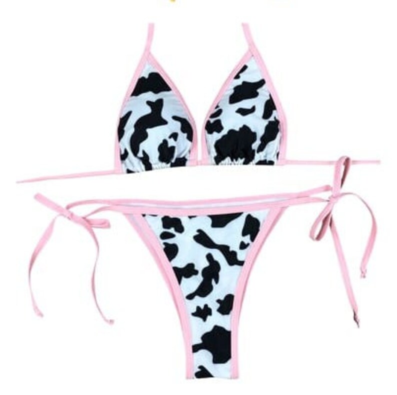 Black, White and Pink Cow Print. 2 Piece Bikini Set Rave Style. 