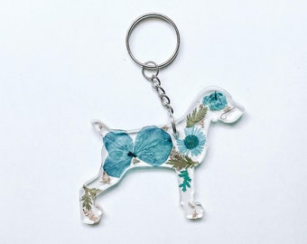 Handmade Weimaraner Resin Keychain: Dried Flowers & Gold Foil