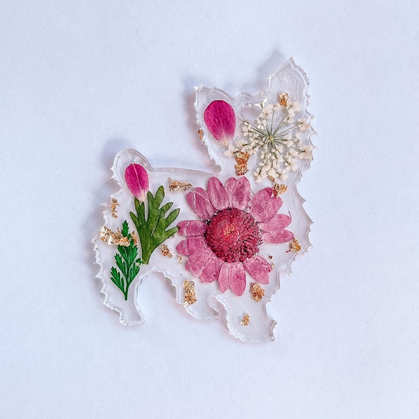 ヨーキーキーホルダー：手作り樹脂、ドライフラワー、金箔