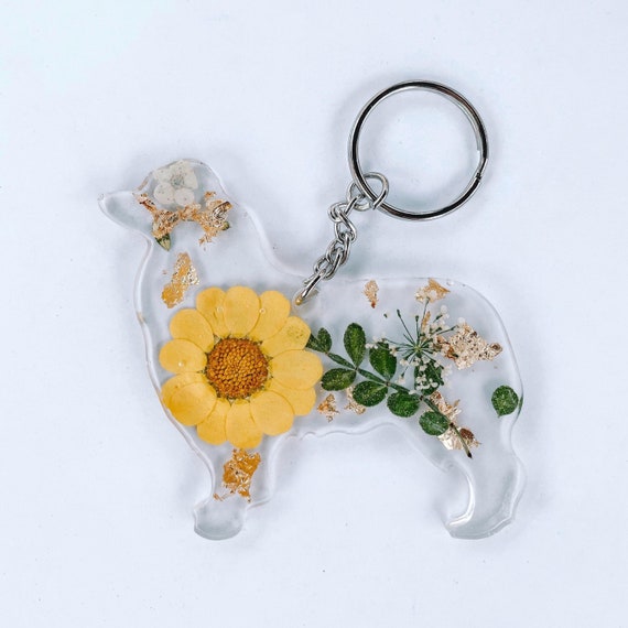Resin Australian Shepherd Keychain: Dried Flowers & Gold Foil
