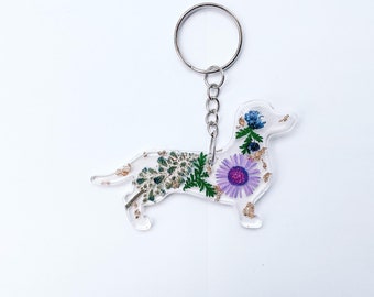 Floral Dachshund Keychain: Handmade Resin Weiner Dog with Gold Foil