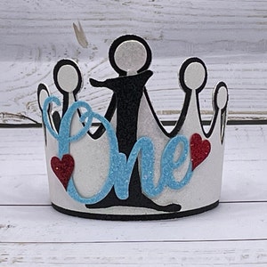 Alice in Wonderland 1st Birthday Mini Crown: Gold, Light Blue, Red Hearts