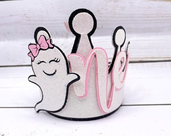 Little Boo Ghost Mini Crown, Pink & Black, Halloween First Birthday