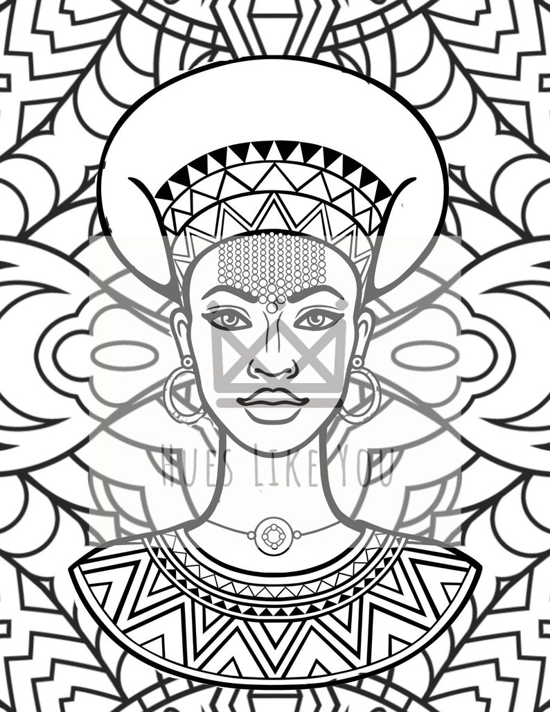 May include: Black and white line art illustration of a woman wearing a traditional African headdress and jewelry. The woman has a geometric pattern on her forehead and a necklace with a pendant. The background is a geometric pattern.