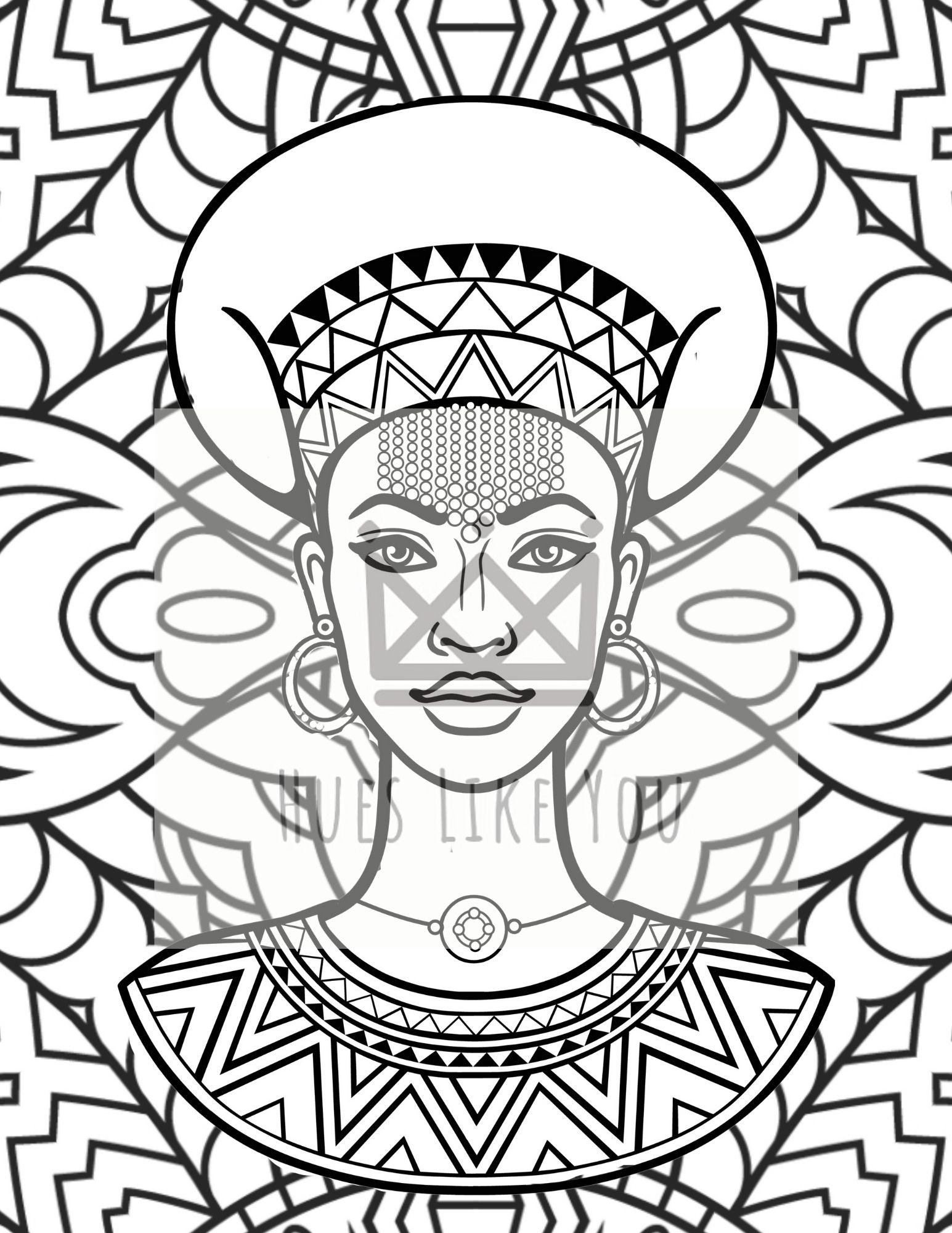 Printable Mandala African Queen Coloring Page Adult Coloring Etsy