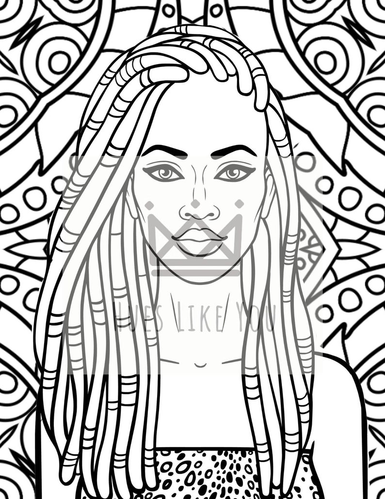Puede incluir: Ilustraci&oacute;n en blanco y negro de una mujer con rastas largas que lleva una blusa de estampado de leopardo. La mujer tiene una expresi&oacute;n neutral y mira directamente al espectador.
