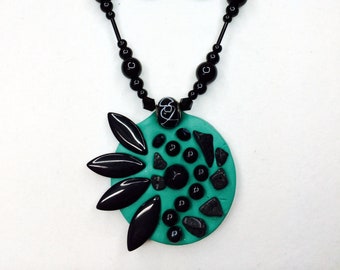 Handmade Necklace and Earring Set, Green and Black, Polymer Clay and Glass