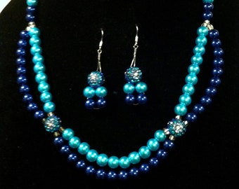 Dressy Handmade Necklace and Earring Set. Cobalt and Aqua Glass Pearls. Sliders with Faceted Crystals.
