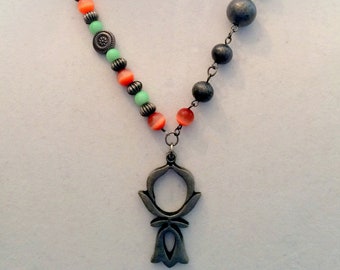 Handmade Necklace and Earring Set. Modern Design Vintage Pendant in Pewter. Beads Grey Metal, Orange and Green Glass and Metal.