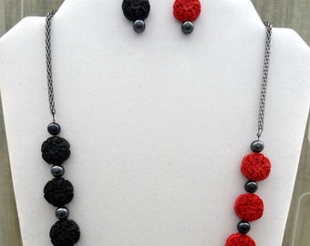 Unique. Unusual. Unconventional. Handmade Necklace and Earring Set. Red and Black Carved Simulated Cinnabar.