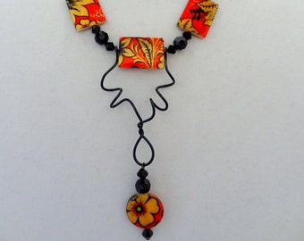 Artsy Eye Catching Handmade Necklace and Earring Set. Black, Red and Gold. Free formed Wire.